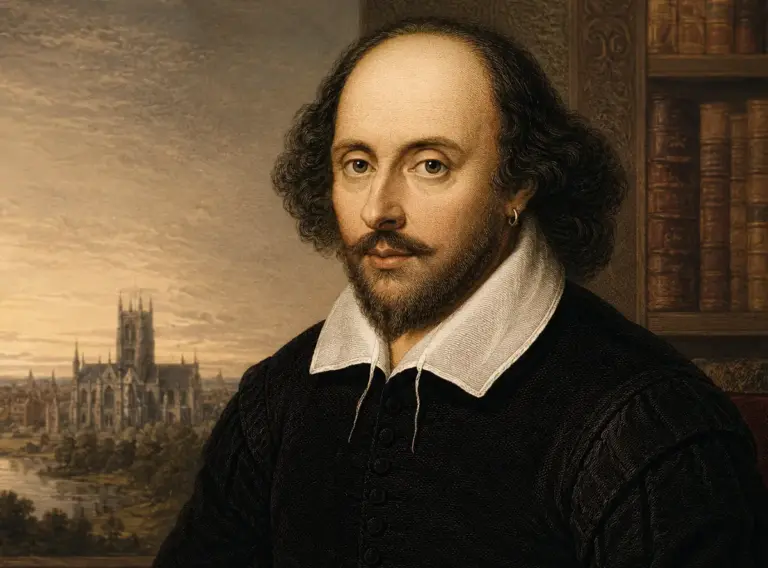 Gemaltes Porträt von William Shakespeare mit weißem Kragen vor einem Bücherregal, im Hintergrund eine Stadt mit Kathedrale.