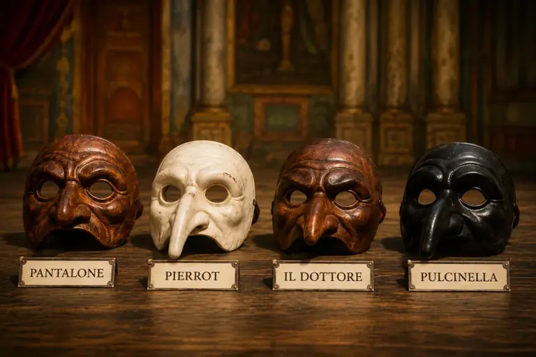 Vier Masken der Commedia dell'arte auf Holz mit Namensschildern: Pantalone, Pierrot, Il Dottore und Pulcinella.