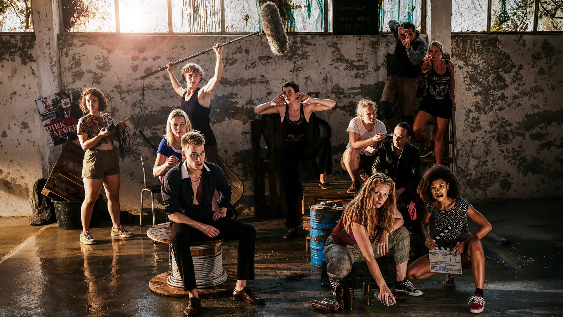 Ensemble der Artrium Schauspielschule Hamburg in einer Industriehalle, mit Tonangel und Filmklappe