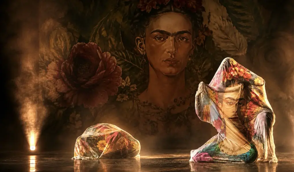 Zwei Tänzerinnen in bunte Blumentücher gehüllt auf der Bühne, im Hintergrund ein gemaltes Porträt von Frida Kahlo mit Blüten.