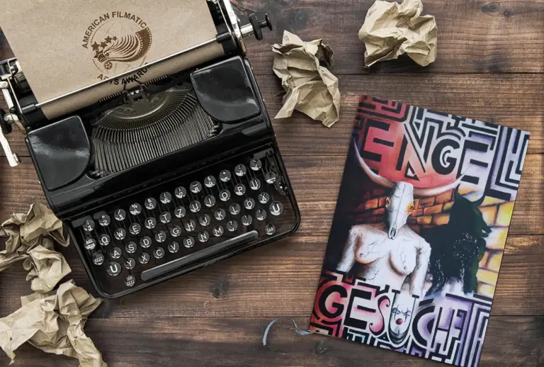 Alte Schreibmaschine auf einem Holztisch mit zerknülltem Papier, im Blatt der Stempel „American Filmatic Arts Awards", daneben das Plakat des Drehbuchs „Engel gesucht".