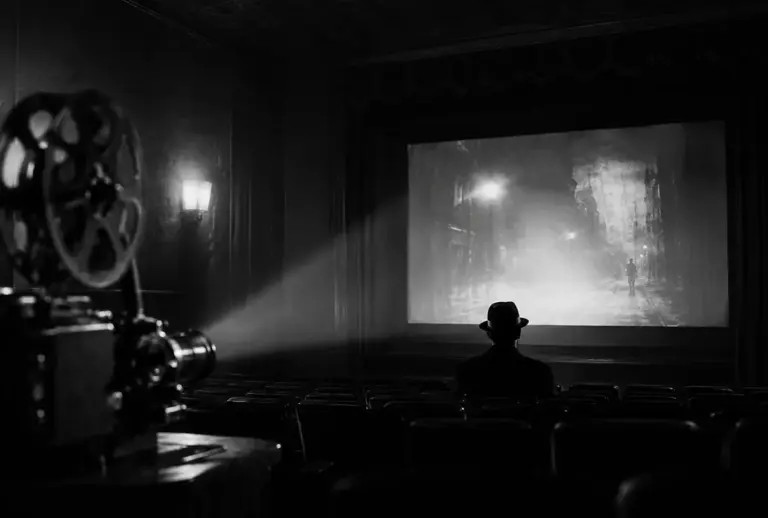 Schwarzweiß-Aufnahme in einem dunklen Kinosaal: Ein Filmprojektor wirft links seinen Lichtstrahl, ein einzelner Mann mit Hut sitzt in den leeren Sitzreihen und blickt auf eine Leinwand mit einer nächtlichen, nebligen Straßenszene.