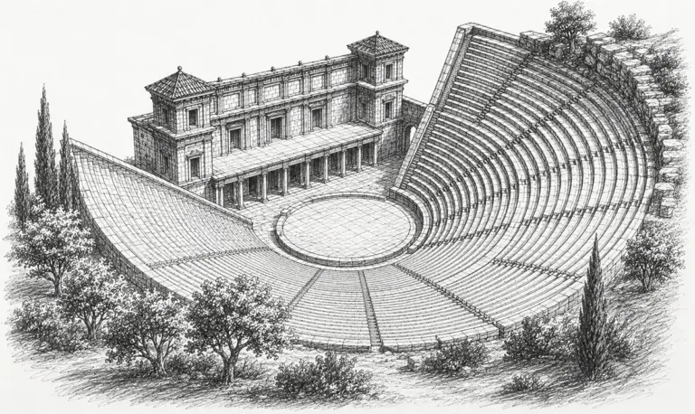 Schwarzweiß-Illustration eines antiken griechischen Theaters mit runder Orchestra, gestuften Sitzreihen und Bühnengebäude.
