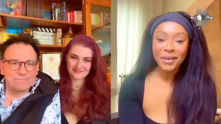 Screenshot eines Video-Interviews mit dem Houston Comedy Film Festival: links zwei Gesprächspartner, rechts eine Moderatorin, oben rechts das Festival-Logo.