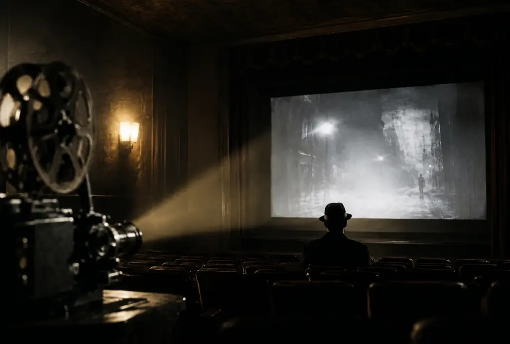 Aufnahme in einem dunklen Kinosaal: Ein Filmprojektor wirft links seinen Lichtstrahl, ein einzelner Mann mit Hut sitzt in den leeren Sitzreihen und blickt auf eine Leinwand mit einer nächtlichen, nebligen Straßenszene.