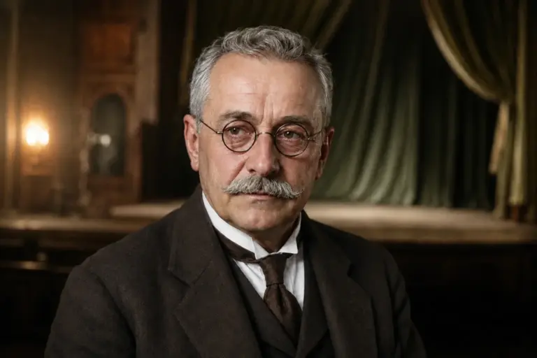 Historisch anmutendes Porträt eines älteren Herrn mit runder Brille und Schnurrbart im Anzug, im Hintergrund eine Theaterbühne.