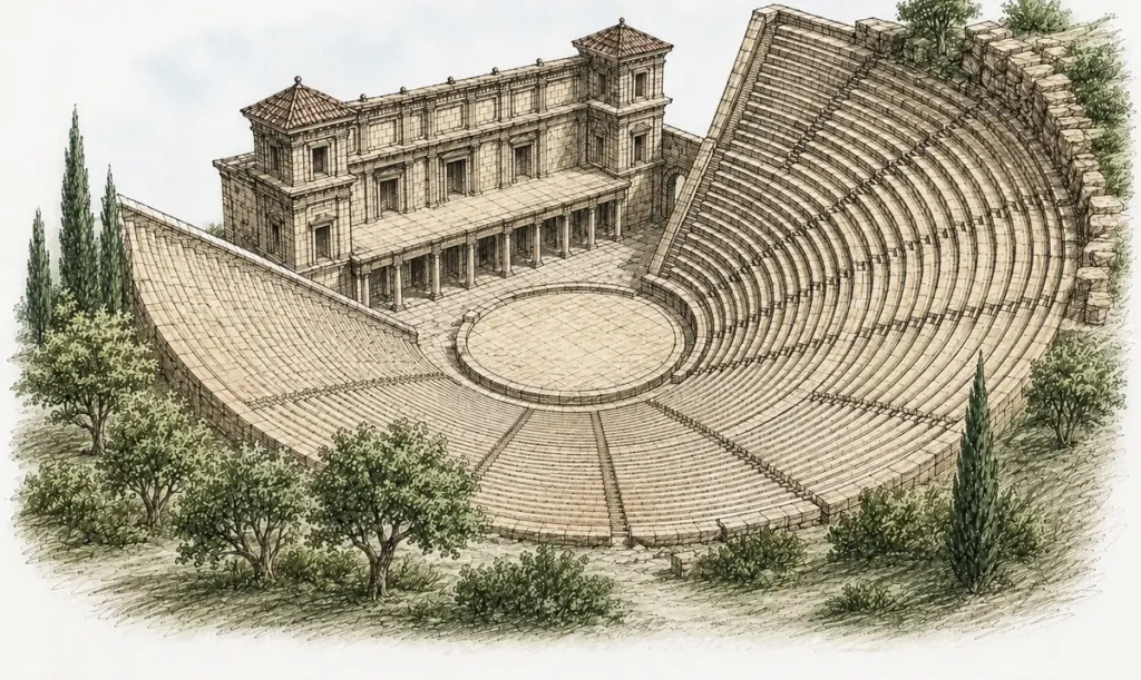 Illustration eines antiken griechischen Theaters mit runder Orchestra, gestuften Sitzreihen und Bühnengebäude.