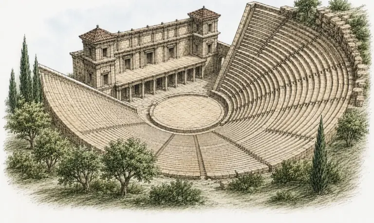 Illustration eines antiken griechischen Theaters mit runder Orchestra, gestuften Sitzreihen und Bühnengebäude.
